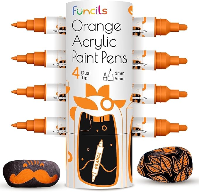 4 Dual Tip Orange Paint Pen Metallic - Fine Tip & Medium Acrylic Paint Markers - Orange Marker for Metal, Wood, Rock Painting, Canvas, Ceramic, Glass, Fabric, Leaf and Plastic - Water-based Ink