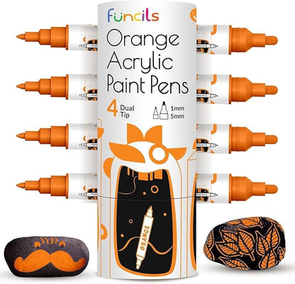 4 Dual Tip Orange Paint Pen Metallic - Fine Tip & Medium Acrylic Paint Markers - Orange Marker for Metal, Wood, Rock Painting, Canvas, Ceramic, Glass, Fabric, Leaf and Plastic - Water-based Ink