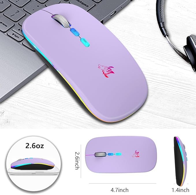 HOTLIFE Wireless Bluetooth Mouse, Slim Rechargeable LED Mouse, 2.4G Portable USB Optical Mouse with USB Receiver and Type C Adapter, Light Purple