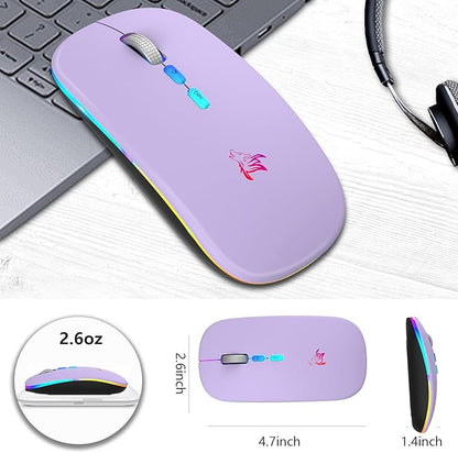 HOTLIFE Wireless Bluetooth Mouse, Slim Rechargeable LED Mouse, 2.4G Portable USB Optical Mouse with USB Receiver and Type C Adapter, Light Purple