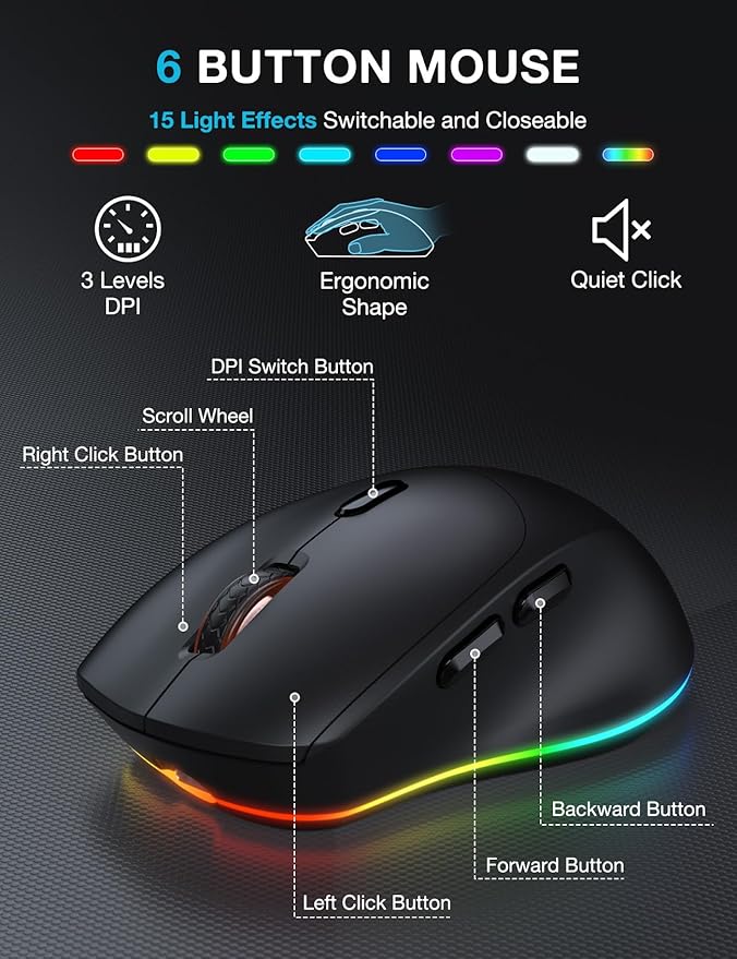 Wireless Keyboard and Mouse Combo - 9 Backlit Effects, RGB, Ergonomic Wrist Rest, Phone Holder, 2.4G Full Size, Rechargeable, Sleep Mode, Quiet Keyboard Set for Computer, PC, Laptop, Mac, Windows