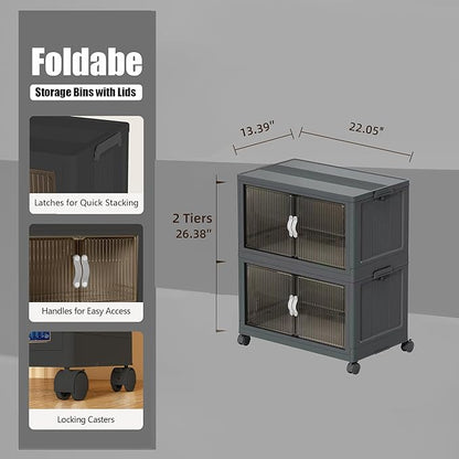 Stackable Storage Bins, Plastic Collapsible Storage Bins with Lid and Wheels, Folding Closet Organizer Clear Doors, Foldable Cabinet Storage Boxes for Home, Pantry, Office (M, Gray 2-Tier)