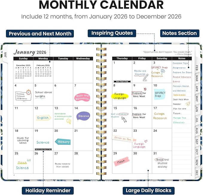 2026 Planner, Weekly and Monthly Planner for Women, January 2026 - December 2026, Hardcover 2026 Calendar Planner Book with Tabs, Inner Pocket, Spiral Bound, Perfect for Office Home School Supplies - A4 (8.5" x 11"), Petal Array