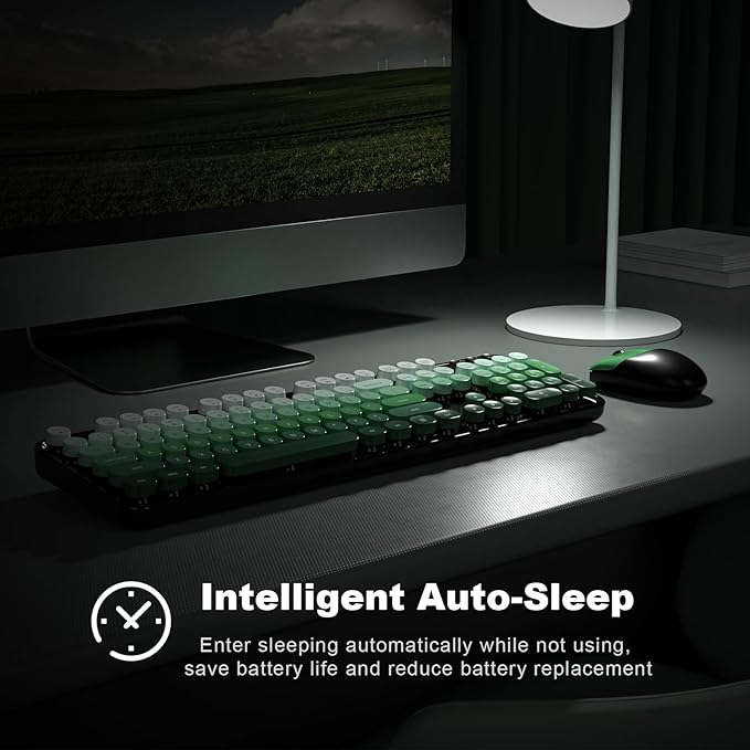 Wireless Keyboard and Mouse Combo, MOWUX Full Size Typewriter Retro Round Computer Keyboard, Cute Optical Mouse Wireless, Plug and Play, for Laptop, PC, Computer-Green Gradient Colorful