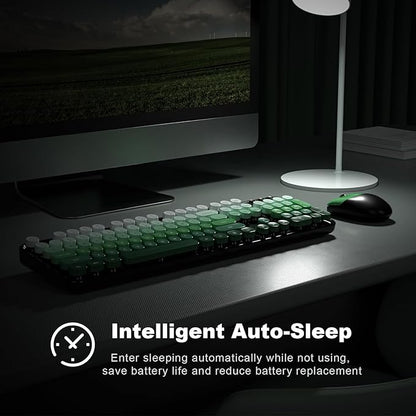 Wireless Keyboard and Mouse Combo, MOWUX Full Size Typewriter Retro Round Computer Keyboard, Cute Optical Mouse Wireless, Plug and Play, for Laptop, PC, Computer-Green Gradient Colorful