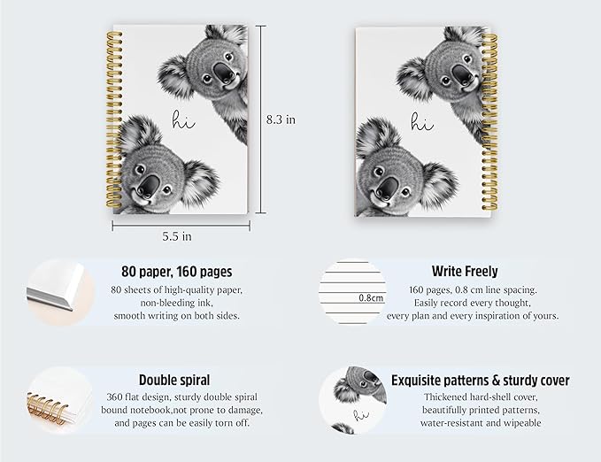 Cute Koala Notebook Journal,Cute Animal Notebook Journal for School Women Teen Girls Kids,Gifts for Koala Lovers,Hardcover Spiral Notebooks for Work Notes Journaling,5.5x8.3 Inch
