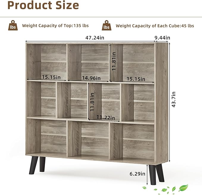 LEYAOYAO 10 Cube Bookshelf,3 Tier Modern Wide Bookcase with Legs,Mid-Century Wood Bookshelves Storage，Retro Grey Large Book Case,Freestanding Organizer Display Shelf for Bedroom,Living Room,Office