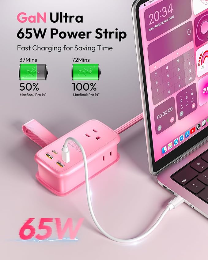 NTONPOWER GAN Ultra 65W Pink Fast Charging Station, Travel Power Strip with 3 Outlets 4 USB (2 USB C), Pink Extension Cord 4Ft, Kawaii Cute Accessories Compatible with MacBook, iPhone