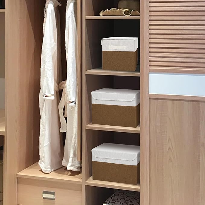 Large 22 Quart Linen Fabric Foldable Storage Bin Cube Organizer Basket with Flip-Top Lid & Handles, Clothes Blanket Box for Home, Office, Closet, Brown & White, 4 Pack 14.6 x 9.5 x 9.5