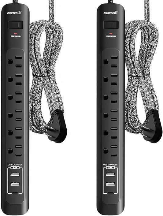 2 Pack Power Strip Surge Protector - 10 Ft Extension Cord with 6 Outlets with 3USB Ports（1 USB C） Port，1875W/15A, Flat Plug, Wall Mount Desk Charging Station for Home Office