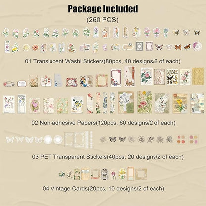 260PCS Vintage Journaling Scrapbooking Supplies Scrapbook Sticker Paper Ephemera Pack for Bullet Junk Journal Planners Collage Craft Notebooks Album (Flowers and Butterflies)