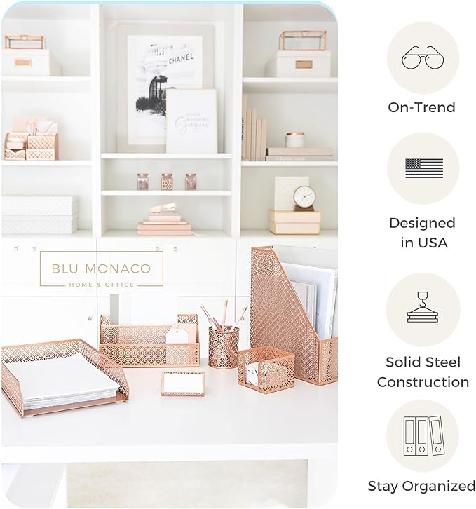 BLU MONACO Rose Gold Desk Organizer Set – 6-Piece Desk Accessories for Mail, Sticky Notes, Pens, Magazines & Documents