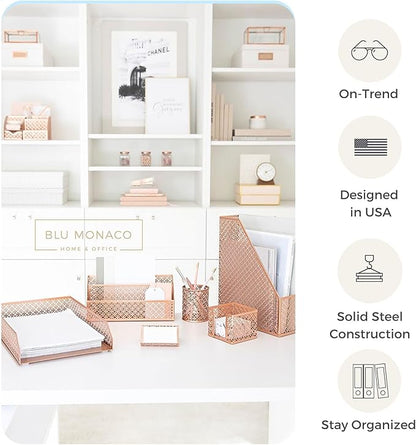 BLU MONACO Rose Gold Desk Organizer Set – 6-Piece Desk Accessories for Mail, Sticky Notes, Pens, Magazines & Documents