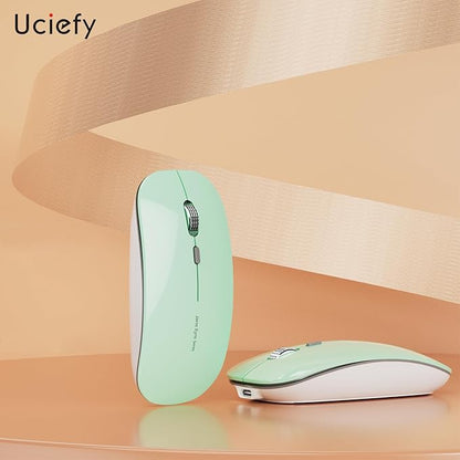 Uciefy Q5 Slim Rechargeable Wireless Mouse, 2.4G Portable Optical Silent Ultra Thin Wireless Computer Mouse with USB Receiver and Type C Adapter, Compatible with PC, Laptop, Desktop (Mint Green)