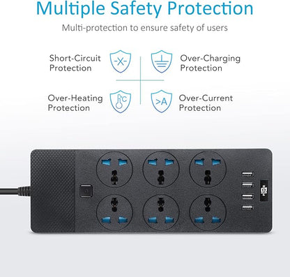 European Power Strip, Jumpso Universal Power Strip with 6 AC Outlets and 4 USB Ports, 110-240v, 3000w 6ft Extension Cord with EU Plug, Outlet Extender Plug Adapter for Overseas Travel Essentials