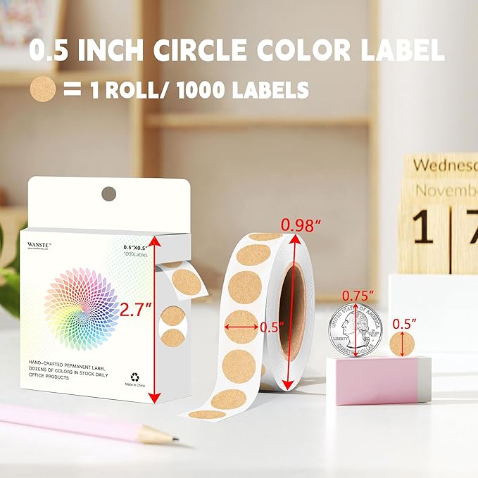 1/2 Inch Small Round Kraft Paper Sticker Dots,1000 Pcs Circle Color Coding Labels Sticker Roll in Dispenser Box for Home,Office, Student Classroom Tiny Dot Label