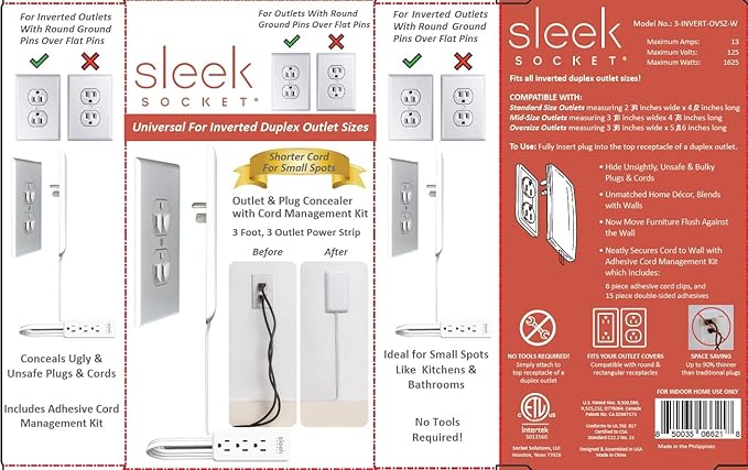 Sleek Socket Original & Patented Ultra-Thin Outlet Concealer with Cord Concealer Kit, Flat Extension Cord with Multi Outlets Power Strip, Ideal for Home Improvement, Hide Bulky and Messy Cords