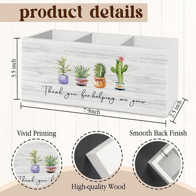 Teacher Pen Pencil Holder Organizer for Desk Accessories, Teacher Appreciation Gifts, Thank You for Helping Me Grow Wooden Box Sign Desk Decor for Office Decoration, Best Teachers Gifts