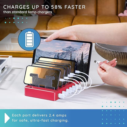 Charging Station for Multiple Devices – 6-Port USB Charging Dock for Apple & Android – Fast Multi-Charger Organizer for Phones, Tablets & More (Pink)