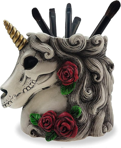 Gothic Unicorn Skull Makeup Brush/Pen Holder-Unicorn Gift for Women Adults Halloween Decor Day Dead Inspired Goth Accessory for Home