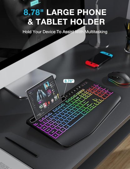 Wireless Keyboard and Mouse Combo - 9 Backlit Effects, RGB, Ergonomic Wrist Rest, Phone Holder, 2.4G Full Size, Rechargeable, Sleep Mode, Quiet Keyboard Set for Computer, PC, Laptop, Mac, Windows