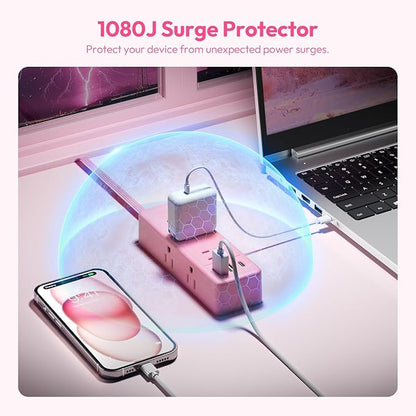 NTONPOWER Pink Extension Cord 5 ft, 1080 Joules Surge Protector Power Strip, Flat Plug Extension Cord with 6 Widely Outlets 3 USB (1 USB C), Power Strip Long Cord for Home Office Dorm Room Essentials
