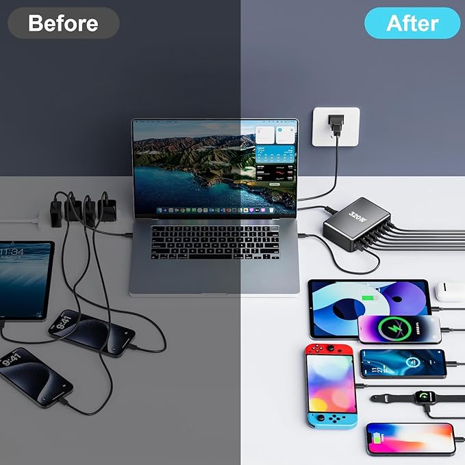 320W USB C Fast Charger Block, 8 Port USB Charging Station, GaN Ⅲ Pro 100W PD PPS Port Fast Charging Station Hub, Laptop Wall Charger Compatible with MacBook, iPhone 17, iPad, Android Devices etc