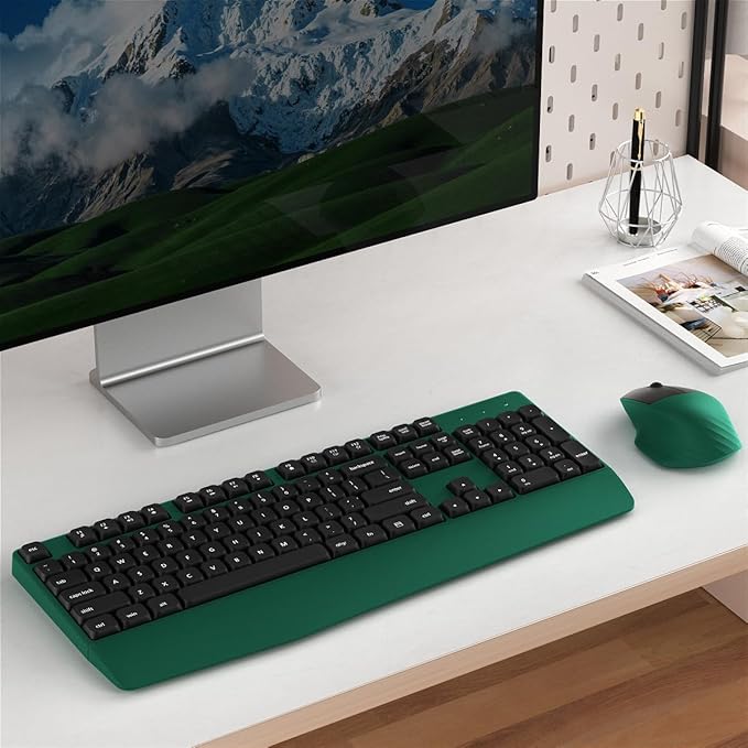 Wireless Keyboard and Mouse Combo, Ergonomic Keyboard with Wrist Rest and Mouse, 2.4Ghz Wireless Connection, Compatible with PC/Laptop/Windows/Mac for Home and Office Use (Black Green)