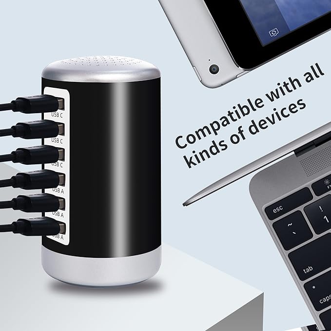 60W USB Charging Station, 6-Port (3 USB-A & 3 USB-C) Compatible with iPhone 15/14/13/12/11, Tablets, Smartphones Black