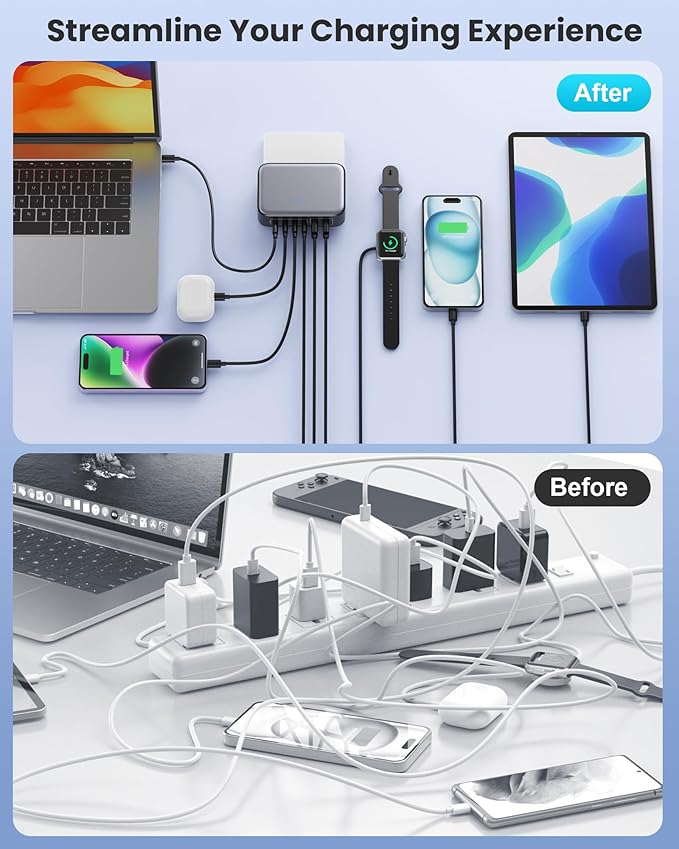 USB C Charger Block 200W with Wall Plug,6 Ports GaN IV Charging Station Hub,QC4.0+PD 65W USB C Laptop Charger Adapter Compatible with MacBook Air/Pro,DELL,iPhone 17/16/15,iPad,Steam Deck,Galaxy-Black