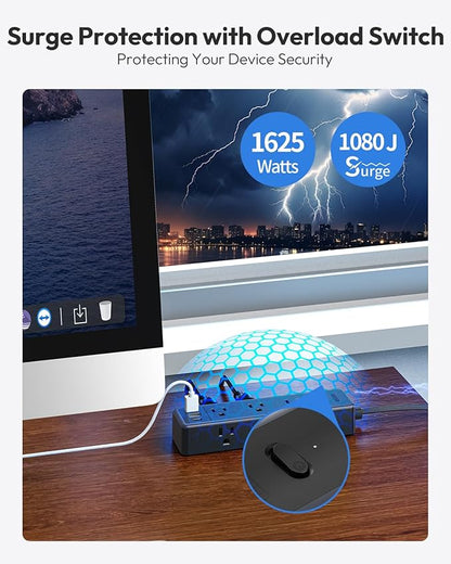 Surge Protector Power Strip,9 Widely Outlets and 3 USB Ports (1 USB-C), 1080 Joules, 10 FT Flat Extension Cord with Multiple Outlets, Wall Mount, Flat Plug, for Home Office, Dorm Essentials, White