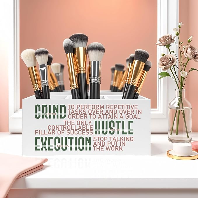 Motivational Office Pencil Pen Holder for Desk, Grind Hustle Execution Wooden Pencil Holder Organizer for Home Office Desk Accessories, Encouragement Gifts for Women