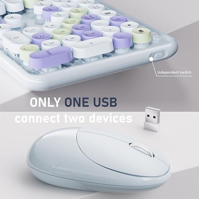 UBOTIE Wireless Keyboard and Mouse Combo with Phone Holder Wrist Rest, Round Colorful Keys, Power Switches, 2.4GHz USB Receiver, Full-Size QWERTY Layout for PC Laptop(Light-Blue)