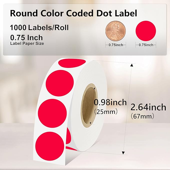 0.75 Inch Dot Stickers, 1000PCS 3/4" Round Thermal Printable Labels for Instant Organization, Color Coding Files, Tab Pages, Calendar Marking & Junk Journals,Red