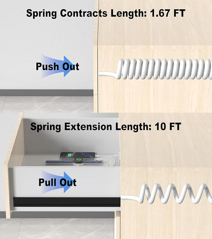 Drawer Outlet, Furniture Recessed Power Strip with 4 PD 30W USB Ports & 2 AC Outlets, Recessed Outlet for Conference Rooms, Office Tables, Furniture, 10FT Spring Cord (ETL Listed)