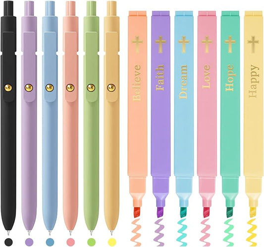 6pcs Bible Highlighters & 6pcs Colored Pens Set – No Bleed Pastel Highlighters Assorted Colors Bible Pens, Perfect for Bible Study Supplies, Journaling, and Note-taking (Macaron)
