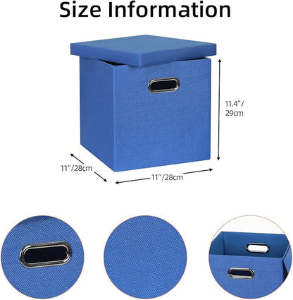 Storage Bins with Lids, Collapsible Linen Fabric Boxes Organizer Containers with Lid Foldable Storage Box Basket for Closet, Shelves, Home, Office, 11 x 11 x 11.4 Inch, 4 Pack, Dark Blue