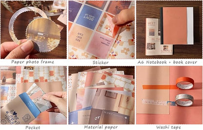 Draupnir Aesthetic Scrapbook Kit(348pcs), Bullet Junk Journal Kit with Journaling/Scrapbooking Supplies, Stationery,A6 Grid Notebook with Graph Ruled Pages DIY Scrapbook Gift for Teen Girl Kid(Sunset)