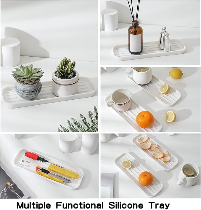 Silicone Kitchen Sink Organizer Tray for Multiple Usage,Eco-Friendly Sponges Holder for Kitchen Bathroom Counter or Sink,Dish Soap Dispenser,Scrubber,Bottle,Cup (White, 12"×4")