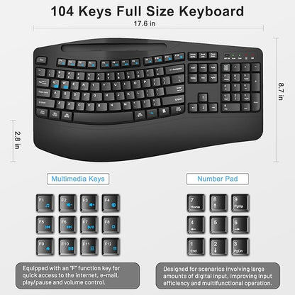 Wireless Keyboard and Mouse Combo, 2.4G Full Size Wave Keys Ergonomic Keyboard with Wrist Rest, Phone Holder, 3-Level DPI Wireless Silent Mouse with 6-Buttons, for Windows, Mac OS, Laptop, PC (Black)