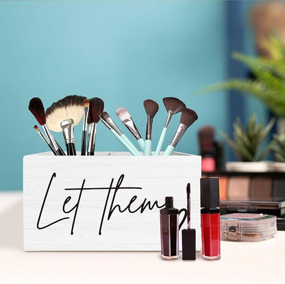 Let Them Inspirational Pen Holder for Desk, Motivational Wooden Box Sign Desk Decor for Home Office Decoration, Positive Affirmation Pencil Organizer, Mental Health Office Decor