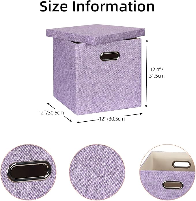 Storage Bins with Lids, Collapsible Linen Fabric Boxes Organizer Containers with Lid Foldable Storage Box Basket for Closet, Shelves, Home, Office, 12 x 12 x 12.4 Inch, 4 Pack, Purple