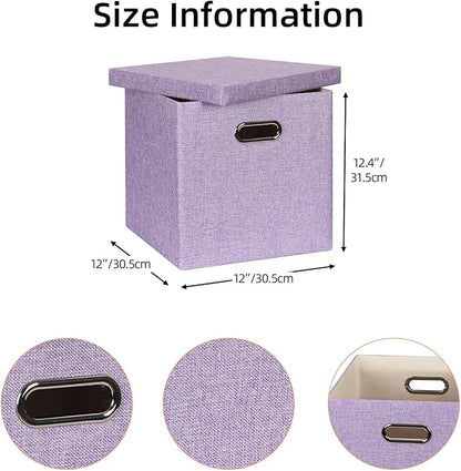 Storage Bins with Lids, Collapsible Linen Fabric Boxes Organizer Containers with Lid Foldable Storage Box Basket for Closet, Shelves, Home, Office, 12 x 12 x 12.4 Inch, 4 Pack, Purple