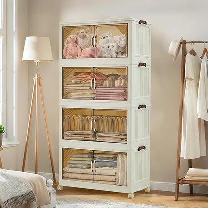 Garvee 504QT Stackable Storage Bins, Plastic Bins for Storage with Lids, Plastic Storages Drawers with Magnetic Doors & Wheels, Foldable Collapsible Closet Organizers for Home, Dorm, Office, White