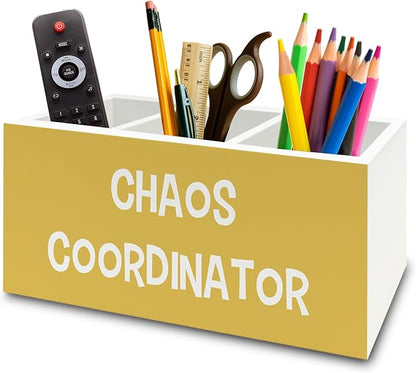 Chaos Coordinator Yellow Pen Pencil Holder Organizer for Desk, Thank You Gifts for Women Men Coworkers Boss Leader Manager, Appreciation Gifts Wooden Box Sign for Office Tabletop Decorations
