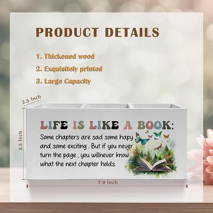 Inspirational Pencil Pen Holder for Desk, Life Is Like A Book Wooden Pencil Holder Organizer for Home Office Library Desk Accessories, Encouragement Gifts for Women