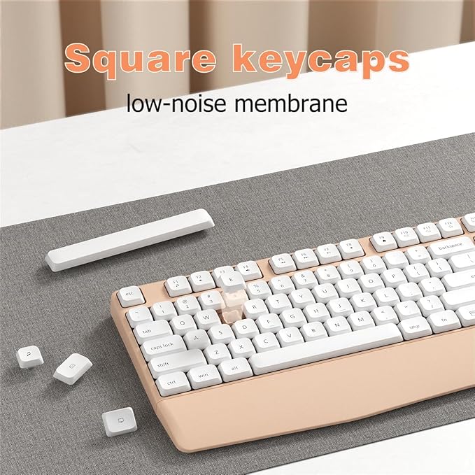 Wireless Keyboard and Mouse Combo, Ergonomic Keyboard with Wrist Rest and Mouse, 2.4Ghz Wireless Connection, Compatible with PC/Laptop/Windows/Mac for Home and Office Use (White Milk Tea)