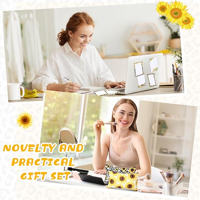 20 Pcs Sunflower Gift Set 4 Yellow Flower Makeup Bags for Women 8 Sunflower Sticky Notes and 8 Flower Ballpoint Pens Leopard Black Ink Writing Pens for Office Study Journaling Writing Gift