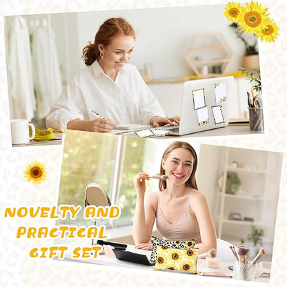 20 Pcs Sunflower Gift Set 4 Yellow Flower Makeup Bags for Women 8 Sunflower Sticky Notes and 8 Flower Ballpoint Pens Leopard Black Ink Writing Pens for Office Study Journaling Writing Gift