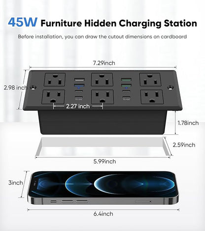 45W Recessed Power Strip, Flush Mounted Surge Protector(1200J) with 6 AC Outlets & 8 USB Ports(4 USB-C), 45°Flat Plug, 6FT Flat Power Cord(Black)